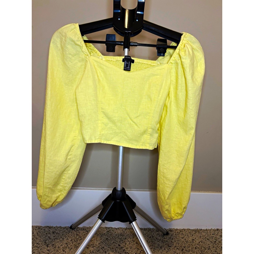 Forever 21 Women's Yellow Smocked Square Neck Puff Long Sleeve Cropped Blouse M